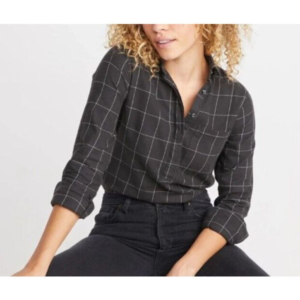 Marine Layer Shirt X-Small Black White Windowpane Plaid Flannel Diana Popover